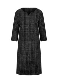 Schwarzes Kleid mit V-Ausschnitt, Ellenbogenlangen Ärmeln und einem strukturierten Muster aus dünnen weißen Linien im gesamten Stoff. Gerader Schnitt.