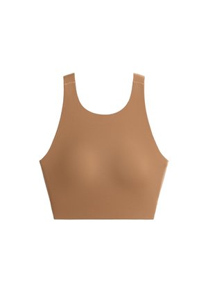 Varrás nélküli világosbarna crop top széles vállpántokkal és kerek nyakkivágással, sima, testhezálló megjelenéshez tervezve.