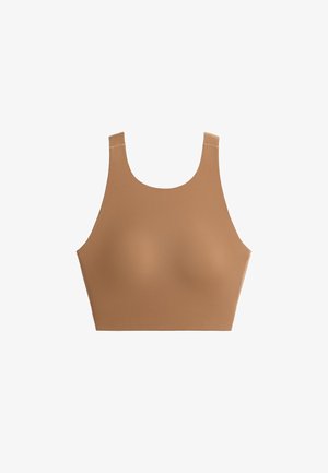 Varrás nélküli világosbarna crop top széles vállpántokkal és kerek nyakkivágással, sima, testhezálló megjelenéshez tervezve.