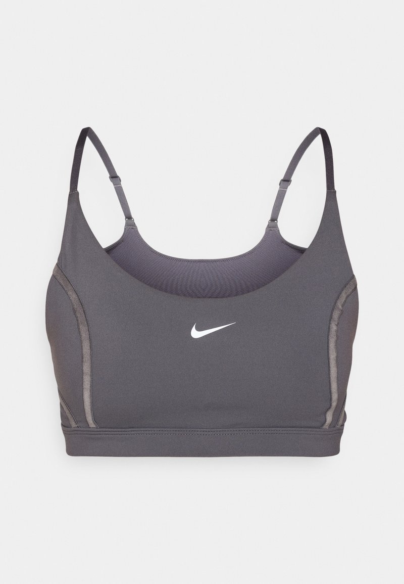 Sportbh in donkergrijs stof met een gladde textuur, voorzien van dunne verstelbare bandjes en een klein wit Nike-logo aan de voorkant.