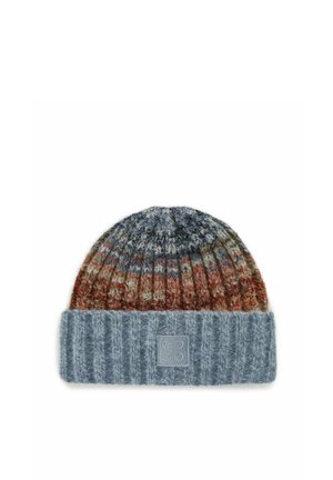 Knit beanie with a multicolored pattern featuring blue, orange, and brown hues. Ribbed cuff with a light blue logo patch. Soft texture.