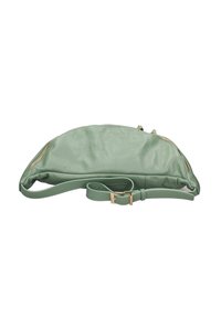 Borsa a spalla verde in pelle con una forma curva, caratterizzata da zip in tono dorato e tracolla regolabile. Texture morbida con finitura liscia.