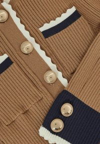 Bruin ribbeltricot met crèmekleurige en marineblauwe gestreepte bies, decoratieve gegolfde randen en gouden knopen op de mouwen en zakken van de cardigan.