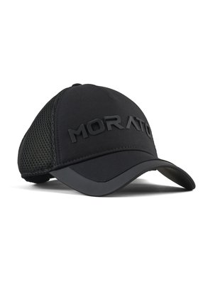 Cappellino da baseball nero con lati in rete e "MORATO" in rilievo sul davanti, con visiera curva e corona strutturata.
