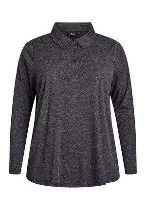 Ciemnoszara koszulka polo z długim rękawem, kołnierzykiem na guziki, miękkim dzianinowym materiałem i lekko rozszerzanym dołem dla luźnego kroju.