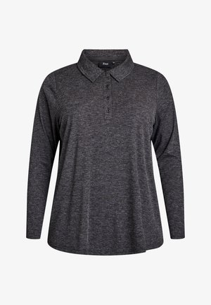 Ciemnoszara koszulka polo z długim rękawem, kołnierzykiem na guziki, miękkim dzianinowym materiałem i lekko rozszerzanym dołem dla luźnego kroju.
