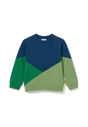 Dziecięca bluza z długim rękawem i okrągłym dekoltem, kolor blokowy w granatowe, zielone i jasne zielone geometryczne panele.