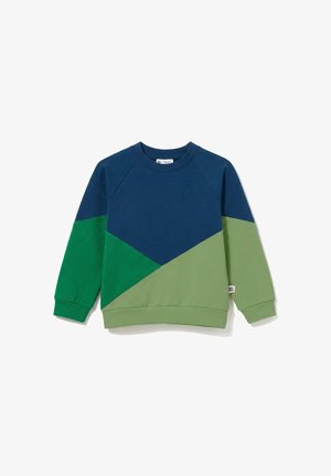 Dziecięca bluza z długim rękawem i okrągłym dekoltem, kolor blokowy w granatowe, zielone i jasne zielone geometryczne panele.