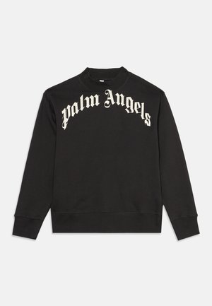 Sweat-shirt noir col rond avec manches longues et texte "palm Angels" en grande police gothique blanche sur la poitrine.