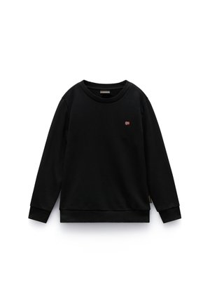 Sweat-shirt noir à manches longues avec col rond, poignets et ourlet en côte, avec un petit patch drapeau norvégien sur la poitrine gauche.
