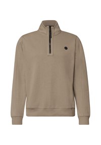 Pull beige à manches longues avec une fermeture éclair noire au quart et un petit logo rond noir sur la poitrine gauche.