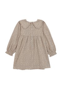 Długa sukienka w beżowo-brązowy wzór kwiatowy, z dużym kołnierzem, zapięciem na guziki oraz talią z marszczeniem i elastycznymi mankietami.