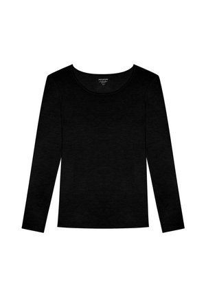 Musta pitkähihainen paita pyöreällä kaula-aukkolla. Valmistettu sileästä, kevyestä kankaasta. Ei kuvioita tai koristuksia, suoraviivainen muotoilu.