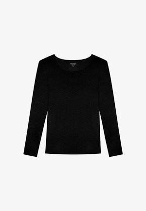 Musta pitkähihainen paita pyöreällä kaula-aukkolla. Valmistettu sileästä, kevyestä kankaasta. Ei kuvioita tai koristuksia, suoraviivainen muotoilu.