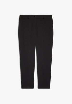 Černé přizpůsobené kalhoty po kotníky s pasem, poutky na pásek, zapínáním na knoflík a bočními kapsami.