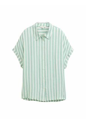 Lichtgroen en wit gestreept korter sleeve shirt met een knoopsluiting aan de voorkant en een puntige kraag. Heeft een ontspannen pasvorm en een zachte structuur.