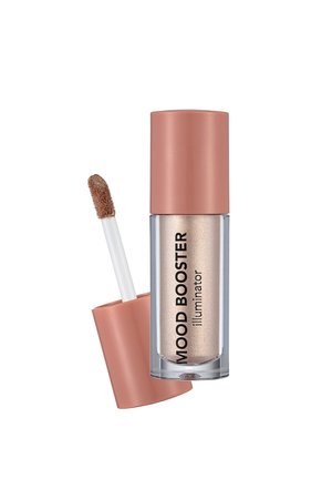 Mood Booster Illuminator-Make-up mit roségoldenem Deckel und Applikatorstab, der schimmernde Champagnerflüssigkeit zeigt.