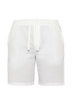 Weiße Leinenshorts mit elastischem Bund, Kordelzug und Seitentaschen, dargestellt auf einfarbigem Hintergrund. Keine sichtbaren Logos oder Muster.