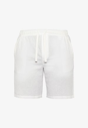 Weiße Leinenshorts mit elastischem Bund, Kordelzug und Seitentaschen, dargestellt auf einfarbigem Hintergrund. Keine sichtbaren Logos oder Muster.