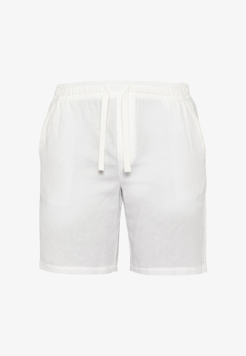 Short en lin blanc avec taille élastique, cordon de serrage et poches latérales, présenté sur un fond uni. Aucun logo ou motif visible.