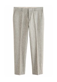 Pantalones gris claro con un sutil patrón texturizado, que presentan un diseño de pierna recta, bolsillos laterales y un frente plano para un acabado limpio.