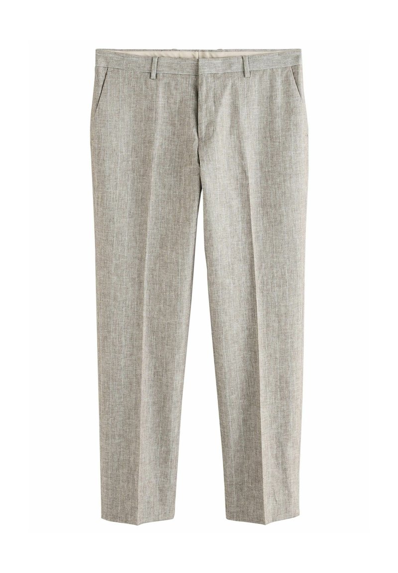 Pantalones gris claro con un sutil patrón texturizado, que presentan un diseño de pierna recta, bolsillos laterales y un frente plano para un acabado limpio.