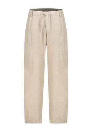 Beige Leinenhose mit Tunnelzug an der Taille und Gürtelschlaufen, gerader Beinverlauf, dargestellt vor einem schlichten weißen Hintergrund.