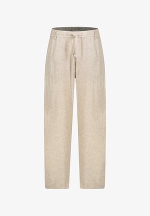 Beige Leinenhose mit Tunnelzug an der Taille und Gürtelschlaufen, gerader Beinverlauf, dargestellt vor einem schlichten weißen Hintergrund.