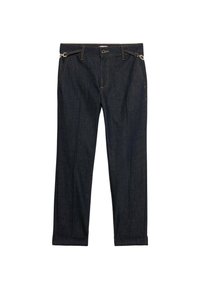 Pantalones de mezclilla oscura con corte de pierna recta, con costuras amarillas, presillas laterales y dobladillo doblado. Diseño minimalista sin patrones visibles.