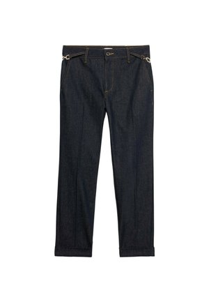 Dunkle Denimhosen mit geradem Bein, gelber Naht, seitlichen Schlaufen und einem umgeschlagenen Saum. Minimalistisches Design ohne sichtbare Muster.