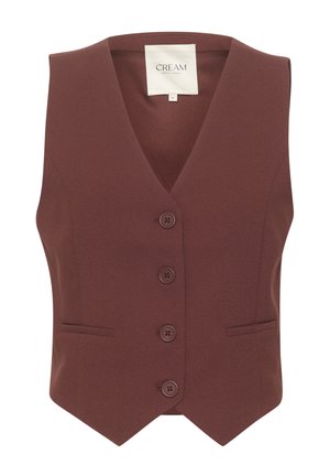 Bordeauxfarbene Weste aus dehnbarem Stoff mit V-Ausschnitt, vier Knopfverschlüssen und zwei Vordertaschen. Glatte Textur, taillierte Passform.