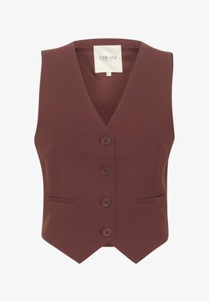 Vesta burgundă din material elastic, cu decolteu în V, închidere cu patru nasturi și două buzunare frontale. Textură netedă, croi ajustat.