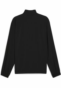 Sort langærmet jakke med højt krave, elastiske manchetter, blødt stof og en afslappet pasform, der viser et enkelt og ensfarvet design.