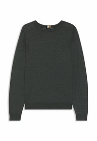 Maglione grigio scuro realizzato in tessuto a maglia, con collo rotondo, maniche lunghe e polsini e orlo a costine. Design semplice senza motivi o dettagli.