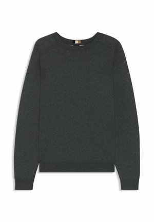 Donkergrijze trui van breiwerk, met een ronde hals, lange mouwen en geribbelde manchetten en zoom. Eenvoudig ontwerp zonder patronen of accenten.