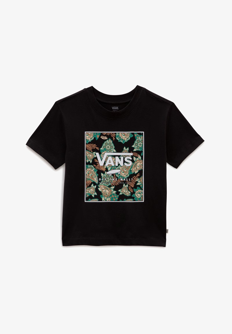 Černé bavlněné tričko s květinovým vzorem v zelených a béžových tónech, uprostřed logo "VANS" na bílém obdélníkovém pozadí.