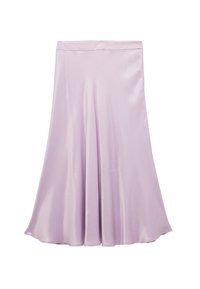 Jupe en satin lilas avec une silhouette fluide, présentant une texture lisse, un design légèrement évasé et une large taille pour plus de confort.