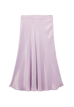 Jupe en satin lilas avec une silhouette fluide, présentant une texture lisse, un design légèrement évasé et une large taille pour plus de confort.