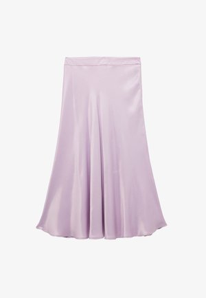 Lila Satinrock mit fließender Silhouette, ausgestattet mit einer glatten Textur, leicht ausgestelltem Design und einem breiten Bund für zusätzlichen Komfort.