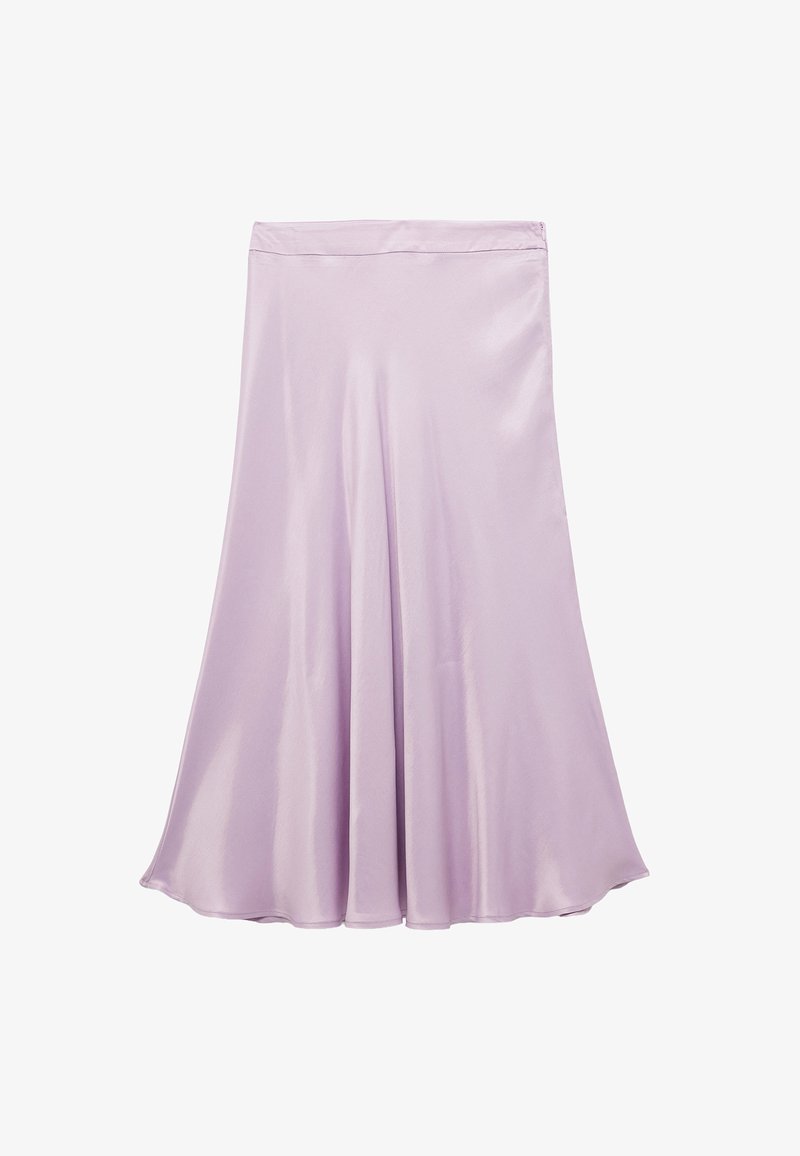 Jupe en satin lilas avec une silhouette fluide, présentant une texture lisse, un design légèrement évasé et une large taille pour plus de confort.