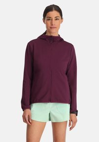 Veste zippée bordeaux avec capuche, dotée d'une texture subtile et de deux poches frontales, associée à un short vert menthe.
