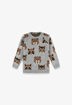 Pull en gris pour enfants avec un motif en tricot de visages d'ours et de raton laveurs, manches longues et poignets et ourlet côtelés.
