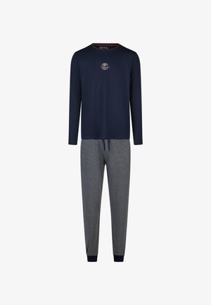 Marineblaues Langarmshirt mit kleinem Logo; graue gestreifte Pyjamahose mit elastischen Bündchen und Bund, gefertigt aus weichem Stoff.