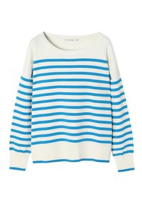 Gestreifter Pullover in hellem Creme und Blau, mit langen Ärmeln, weitem Ausschnitt und gerippten Bündchen am Ärmel und Saum. Weiche Strickstruktur.