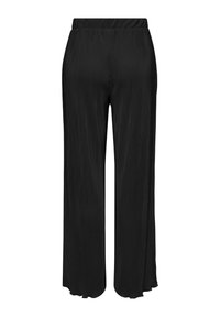 Juodos spalvos plačios kelnės su klostėmis ir elastinga juosmens juosta, pasižyminčios laisvai krentančia tekstūra bei žaliuzių kraštais, suteikiančiomis kasdienį stilių.