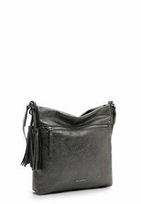 Black leather handbag featuring a slouchy design, front zip pocket, and side tassels for added detail. Adjustable shoulder strap included.