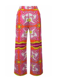 Wijduitlopende broek in levendig pink, oranje en geel met een bloemenpatroon. Heeft een elastische tailleband en een zachte, gladde stoftextuur.