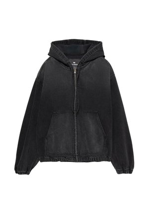 Sort zip-up hættetrøje med foran kængurulomme, elastiske manchetter og kant samt hætte, vist fladt på en hvid baggrund.