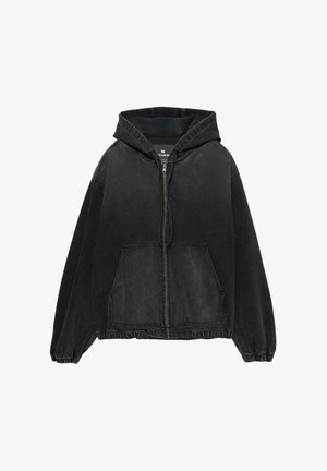 Schwarze Reißverschluss-Hoodie mit vorderer Kängurutasche, elastischen Bündchen und Saum sowie einer Kapuze, flach auf einem weißen Hintergrund dargestellt.