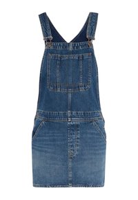 Vestito in denim con bretelle regolabili, tasca frontale e due tasche laterali. Colore blu con una texture leggermente vissuta.